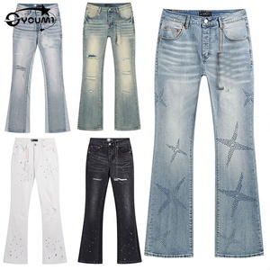 Jeans <span class=keywords><strong>Homme</strong></span> Délavé Bleu Clair Effet Usé avec Logo ODM/OEM, Coupe <span class=keywords><strong>Skinny</strong></span>, Boutons, Strass, et Effet Évasé Vintage SunFaded - Product Image 1