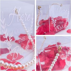 Paniers de fille de fleur en forme de rectangle en acrylique clair poignée de perle <span class=keywords><strong>organisateur</strong></span> de <span class=keywords><strong>bureau</strong></span> élégant pour les mariages thème 'Here Comes Bride' - Product Image 6