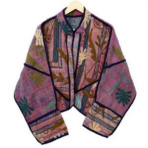 Elegant Printed Floral Stripe Knitted Kantha Cotton <b>Jacket</b> <b>Mandarin</b> <b>Collar</b> Regular Sleeve Women's Outerwear Autumn Winter - Product Image 1
