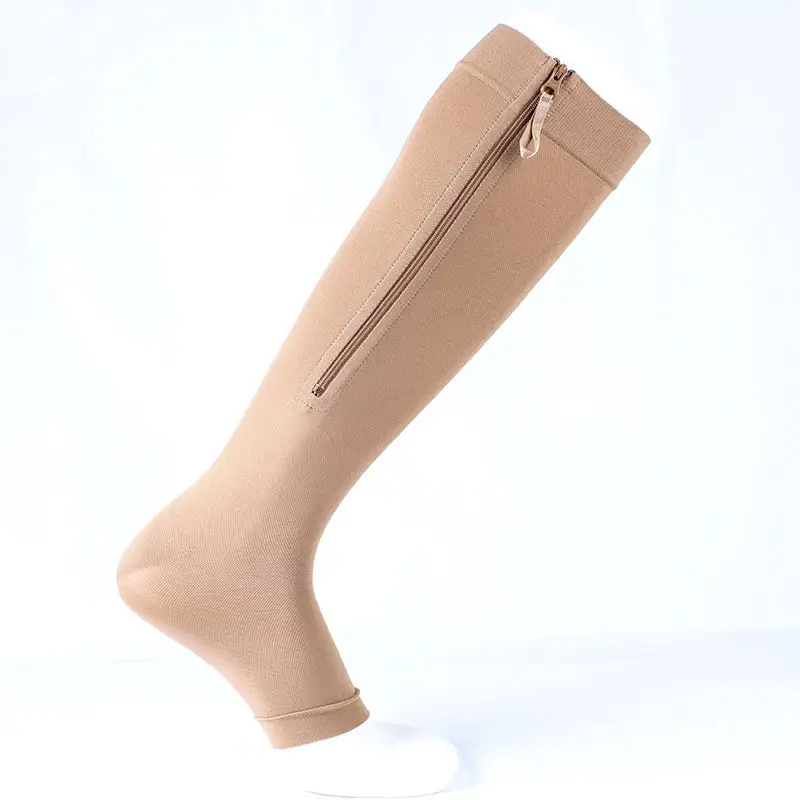 Compports OEM punta abierta color sólido personalizado médico 20-30mmhg extra grande hasta la rodilla XXXL enfermera calcetín de compresión con cremallera
