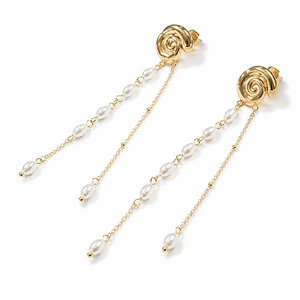 Boucles d'oreilles pendantes en acier inoxydable plaqué or 14 carats avec perle rose, longues boucles d'oreilles asymétriques avec chaîne en imitation perle - Product Image 1