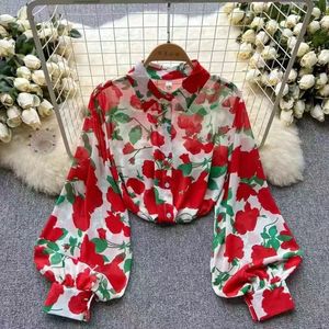 빈티지 플로럴 프린트 시폰 블라우스 여성용 랜턴 롱 슬리브 버튼다운 캐주얼 셔츠 - Product Image 1