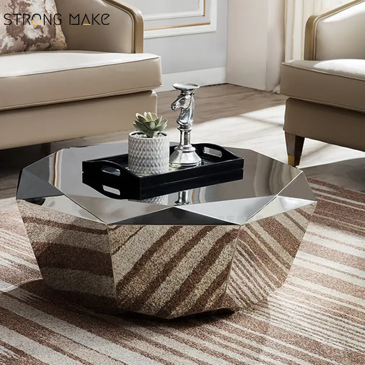 Luxo moderno minimalista aço inoxidável cristal sala mobiliário chá contemporâneo branco metal diamante mesa de café