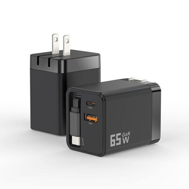 65W Type C PD Fast Charger With USB C Fast Charging Retractable Cable GAN 65W PD Wall Charger Adapter for Phone Laptop