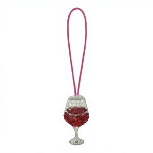 CRYSTAL CRAFT Handmade Embroidered <b>Wine</b> <b>Glass</b> <b>Charm</b> Beaded Red Crystal Design Pink Cord Home Decoration Accessory - Product Image 1