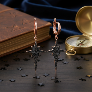 North Star Compass Design <b>Black</b> CZ Turkish 925 Silver Sterling Jewelry Handmade Fine Trendy Wholesale <b>Dangle</b> <b>Earrings</b> - Product Image 2