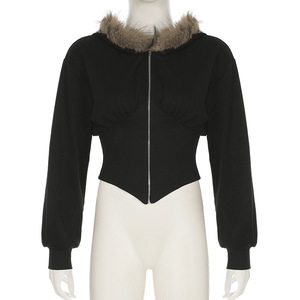 Casacos com Capuz de Inverno Gótico Escuro com Gola de Pele Sintética, Casacos Femininos Casuais com Zíper e Cintura Ajustada, Jaquetas Góticas Chiques para Streetwear - Product Image 3