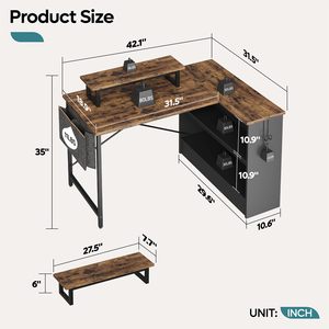 Escritorio en forma de L SENYU con superficie de madera, estructura metálica y estantería con compartimentos de almacenamiento para el hogar, la oficina o el espacio de trabajo. - Product Image 2
