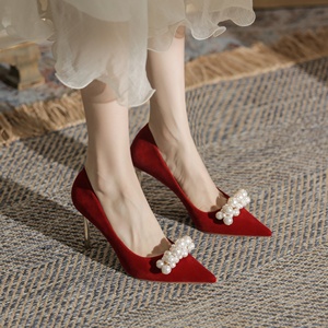 Zapatos de Tacón Alto Rojos para Mujer, Plataforma, Cuero Genuino, Diseño a Cuadros, Cómodos, Transpirables, Antideslizantes, Punta en Pico, Hebilla con Flor - Product Image 3