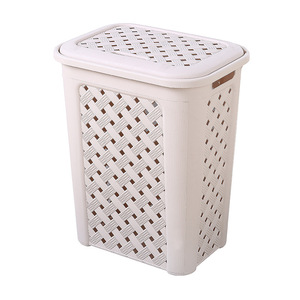 Wicker Laundry Basket Rectangle White Off White Lidded Plastic Clothes Storage For Laundry Room Standing Type - Product Image 5