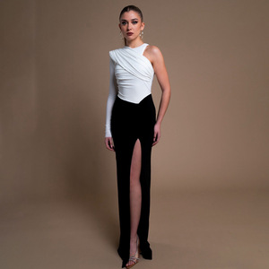 ชุดราตรีแบบไหล่เดียว ตัดต่อสีสัน กระโปรงยาว ผ่าสูง เอวธรรมชาติ ดีไซน์ตัดกัน - Product Image 4