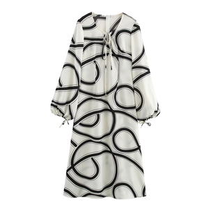 Women's <b>Loose</b> Midi <b>Dress</b> Geometric Print Puff Sleeve Tie Neck Casual Summer Woven Viscose <b>Dress</b> - Product Image 1