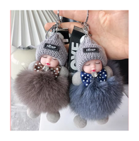 Porte-clés Poupée Bébé Endormi Mignonne et Douce, Pompon en Fourrure de Lapin, Porte-clés Moelleux pour Voiture, Breloque de Sac, Cadeau, Porte-clés en Peluche et Fourrure