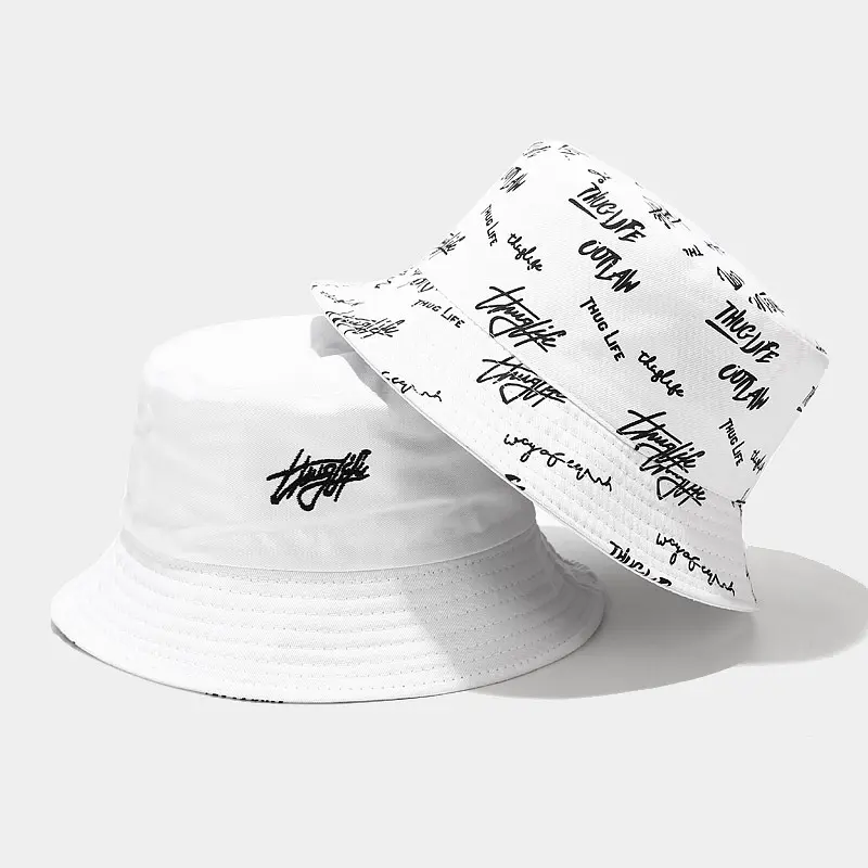 Fashion Designer Reversible Custom Logo Allover Printed and Embroidered Cotton Fisherman Bucket Hat With Private Brand Label