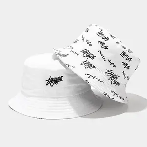 Printed Bucket Hat Summer Fashion Designer Reversible Custom Logo All Over Print Embroidered Cotton Fisherman Bucket Hat With Private Brand Label