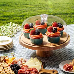 Wooden Rotating Wedding Cake Stand With Glass Dome Lid Round Serving Tray Sushi Cake Stands For Wedding Cakes