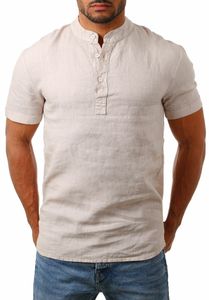 Manica corta Da Uomo <span class=keywords><strong>Camicia</strong></span> Casuale di Estate di Colore Solido Del Collare Del Basamento Pulsante Mezza <span class=keywords><strong>Aperto</strong></span> Camicie di Lino - Product Image 4