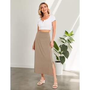 กระโปรงมิดิผ้าวิสโคสผสมใยไผ่ทรงเอวสูงสำหรับผู้หญิง ดีไซน์พลิ้วไหวพร้อมผ่าข้าง กระโปรงยาวถักสำหรับฤดูร้อน - Product Image 2