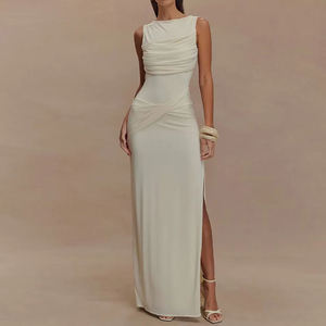 Nuevo Vestido Maxi de Verano Liso para Fiesta de Noche, con Hombro Descubierto, Sin Espalda, Sin Mangas, Plisado, con Abertura, Ajustado, Sexy e Informal para Mujer - Product Image 4