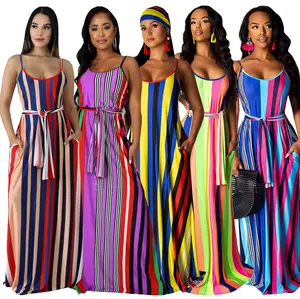 Summer Clothing Comes With Tie Backless Multi Colored Stripe Dress Sundress Women Loose Maxi Dress