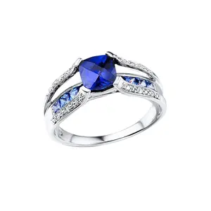 Newest Luxury Cushion Cut Blue Sapphire Three Layers Split Shank Engagement Finger Rings 925 Silver Sterling Men Women Ring