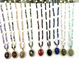 Wholesale Customize Natural Gemstone Pearl Beads Necklace Women Oval Stone Amethyst Sunstone Lapis Black Onyx Beaded Necklace