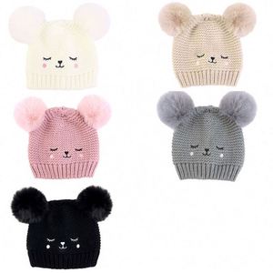 Wholesale Custom Cute Winter Double Pom Beanie Hat 0-5 Year Girl Warm Knitted Fleece Lining Slouchy Boy Acrylic Adjustable <b>3</b> - Product Image 2