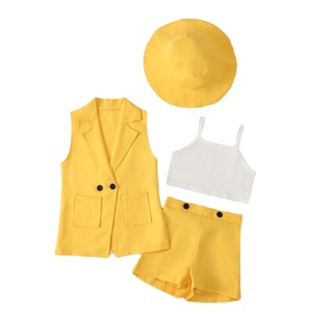 Élégant décontracté 4 pièces ensemble pour filles chaud bébé sans manches été costume couleur unie gilet licou Shorts haut décontracté-pour un usage quotidien - Product Image 1