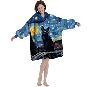 Vente en gros Vêtements de nuit surdimensionnés en bambou Sherpa Fleece Solid Printed TV Wearable Hoodie Blankets Sleep Tee pour femmes