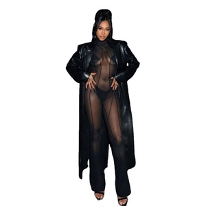 Nouvelle Veste Longue Élégante en Similicuir PU pour <span class=keywords><strong>Femme</strong></span>, Col Rabattu, Laçage, Grande Taille, Style Urbain - Product Image 1