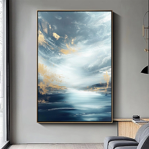 Décor d'entrée dessiné à la main feuille d'or bleu océan peintures à l'huile abstraites modernes paysage <span class=keywords><strong>naturel</strong></span> Art mural - Product Image 2