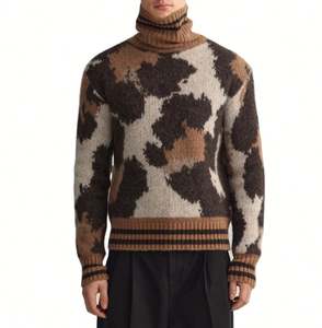 Custom Winter Fluffy Knit Sweater Long Jacquard Sleeve Leopard <b>Men's</b> <b>Turtleneck</b> Sweater - Product Image 1
