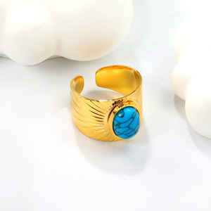Fashion Cuff <b>Bracelet</b> Gold Tone Oval Blue Turquoise Bezel Set Geometric Design Open <b>Adjustable</b> Jewelry - Product Image 3