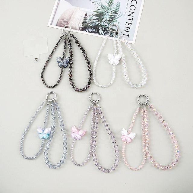 Trendy Butterfly Acrylic Keychain Beaded Wristlet Mobile Phone Strap Anti-lost Cell Phone Case Keychain Holder Women Bag Charm