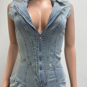 Viviblook Z513RP01 Mamelucos de verano para mujer Casual Sexy Streetwear Cremallera Sin mangas Denim Bubble One Piece Mamelucos Bodycon - Product Image 2
