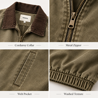 Blousons Bomber Vintage OEM pour Hommes en Coton Lavé avec Col Contrastant en Velours Côtelé, Ourlet et Poignets Élastiques, Fermeture Éclair, Manteau Décontracté Personnalisé