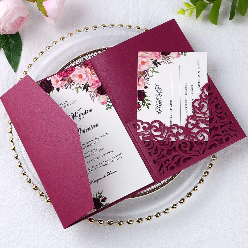 Cartes d'invitation pliables de mariage de couleur rouge, 1 pièce, cartes de vœux découpées au Laser, carte de remerciement pour mariée, fête d'anniversaire