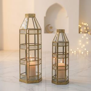 Mnaufacturers Gold Metal Moroccan Handmade Candle <b>Lanterns</b> with Floral Glass for Ramadan Decoration - Product Image 1