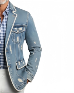 Chaqueta Blazer de Mezclilla Azul Desgastada para <span class=keywords><strong>Hombre</strong></span> con Ribete Blanco, Estilo Casual y Elegante, Corte Entallado, Prenda Exterior Moderna - Product Image 4