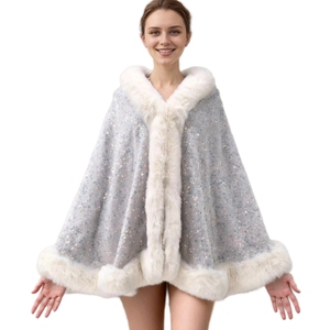 Women Sparkly Sequins <b>Wrap</b> Shawl Elegant Cloak with Faux Fur Trims Winter Warm Cape for Wedding Travel Night Out - Product Image 1