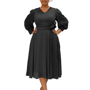 新款欧美a线大码连衣裙优雅春裙纽扣装饰纯色正面天然雪纺 - Product Image 5