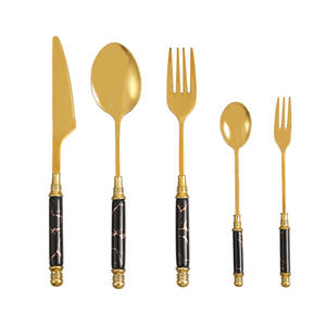 <b>Golden</b> <b>Cutlery</b> <b>Set</b> With Black Marble Handle 24 Piece Western Dinnerware For Party Durable Stainless Steel Flatware - Product Image 1