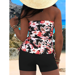 Costume da bagno a due pezzi floreale sostenibile da donna con Top Push-up senza spalline e pantaloncini da spiaggia con Logo personalizzato - Product Image 1