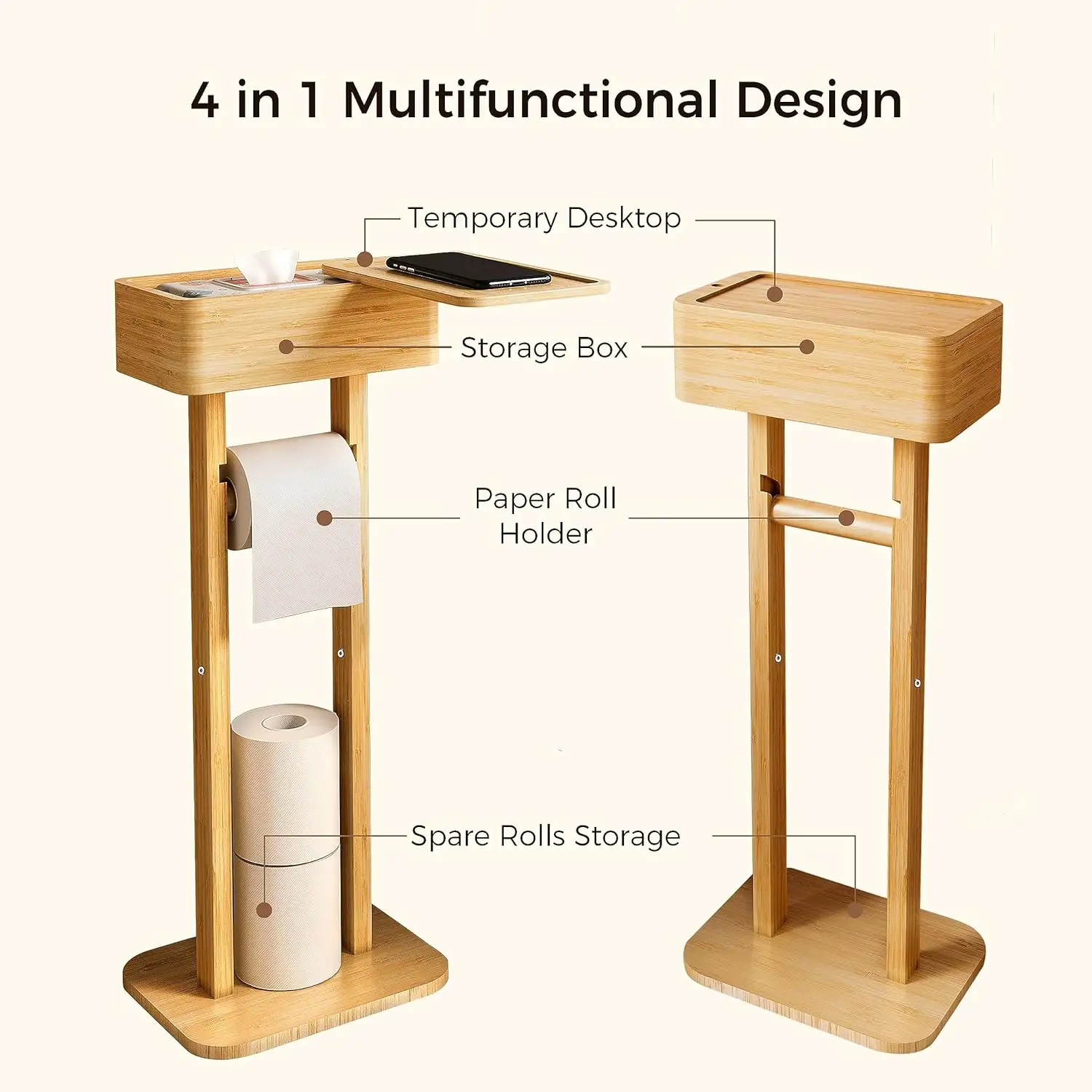 4-in-1 Toilet Paper Holder Stand with Storage Shelf Box  Bamboo Free Standing Toilet Tissue Paper Roll  Toilet Wipes Dispenser