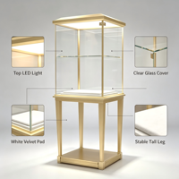 Vitrine à bijoux sur pied carrée haute personnalisée, cadre en or champagne brossé, double étagère en verre, éclairage LED intégré au dessus