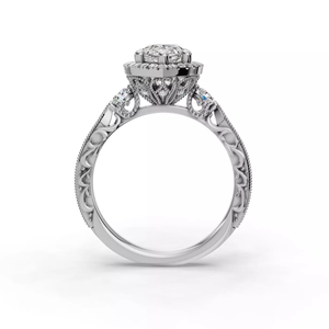 Bague de fiançailles personnalisée en or blanc 14 carats avec diamant de laboratoire taille poire, double halo, détails milgrain et bande ornée en filigrane - Product Image 2
