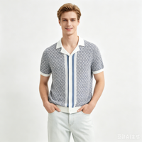Herren Retro Geometrisches Jacquard-Strick Kurzarm-Poloshirt, Reverskragen Knopfleiste Vorne Lässiger Strick-Cardigan
