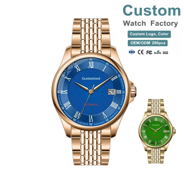 40MM Ocean Blue Dial Vintage Gold Plated 316L Stainless Steel Case and Strap Mechanical Watch Costume Logo Watch for Men