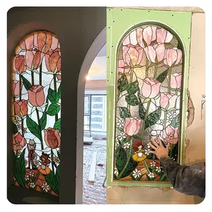 Finestra in vetro colorato Tifny per la decorazione domestica inserti decorativi per finestre in vetro colorato su misura finestra in vetro colorato rosa e cane