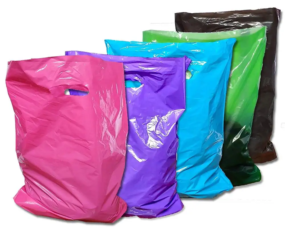Plastic Merchandise Bags 3Sizes Colorful Solid Retail Glossy Shopping Bag with Die Cut Handle